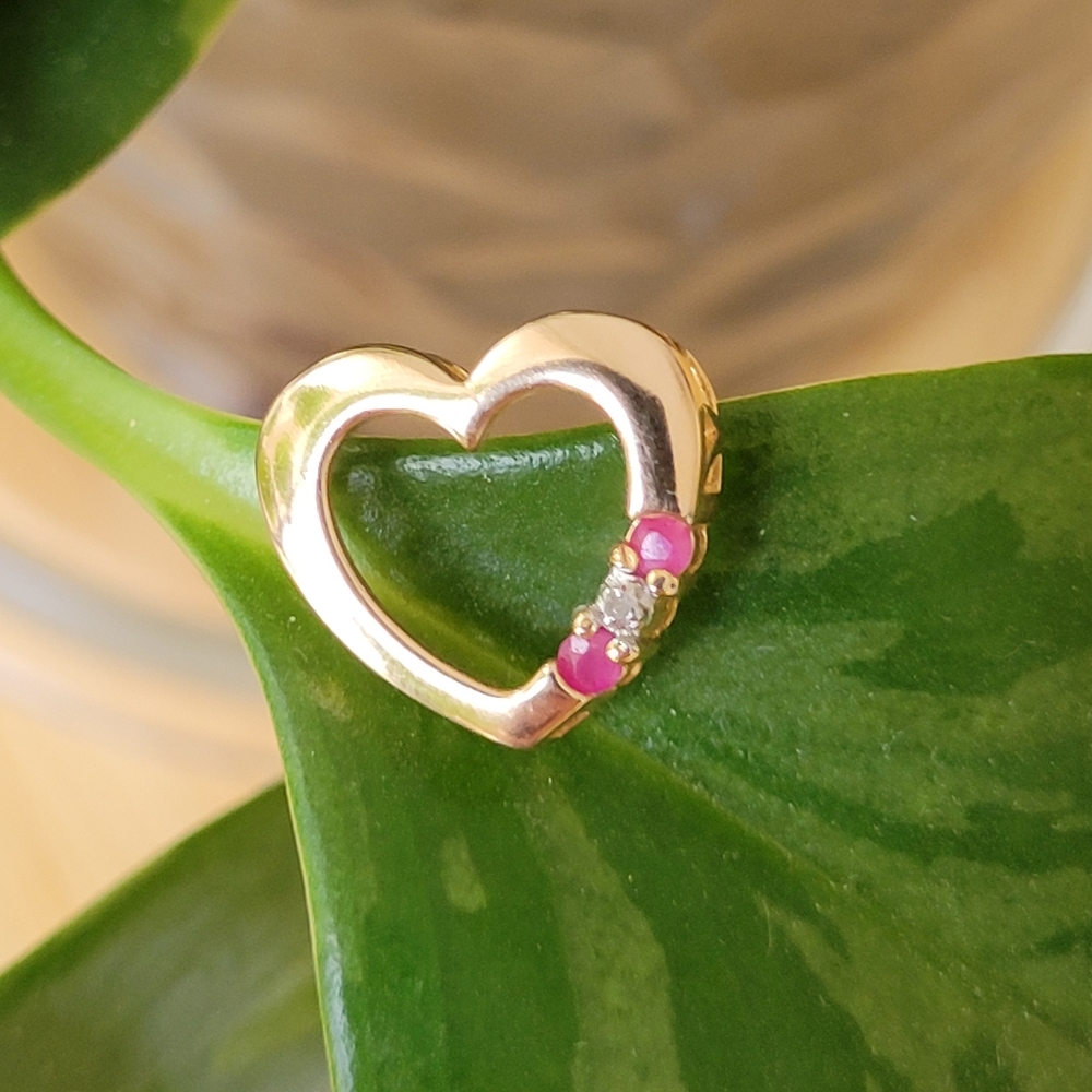 ROSS SIMONS Vintage 18K Yellow Gold Over 925 Silver Diamond & Ruby Heart Pendant